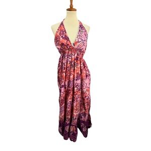 Funky People Floral Halter Maxi Dress Large Boho Pink Purple Sequin Cotton Lined